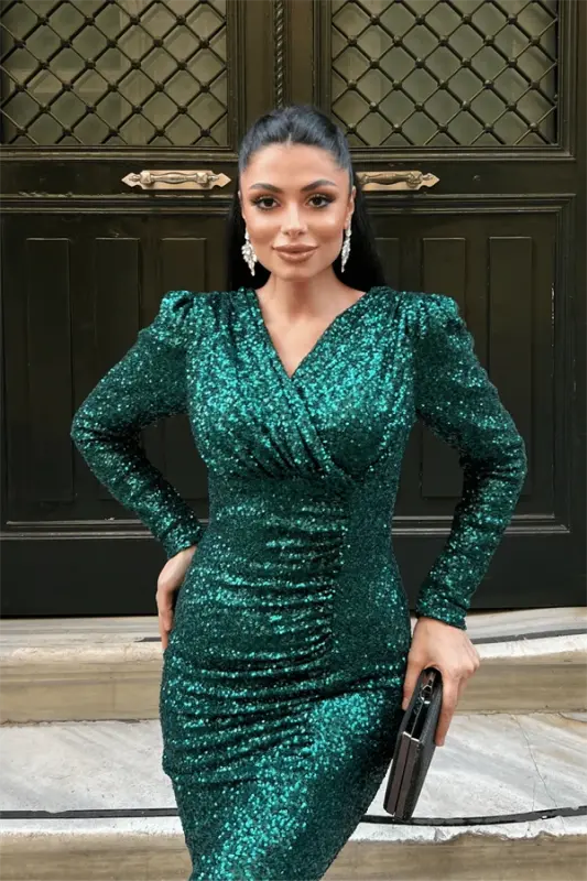 Sequin Fabric Crossover Neck Fishtail Dress - EMERALD GREEN - 3