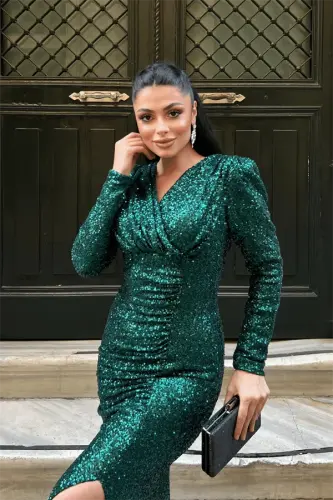 Sequin Fabric Crossover Neck Fishtail Dress - EMERALD GREEN - 4