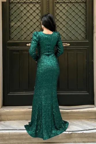 Sequin Fabric Crossover Neck Fishtail Dress - EMERALD GREEN - 5