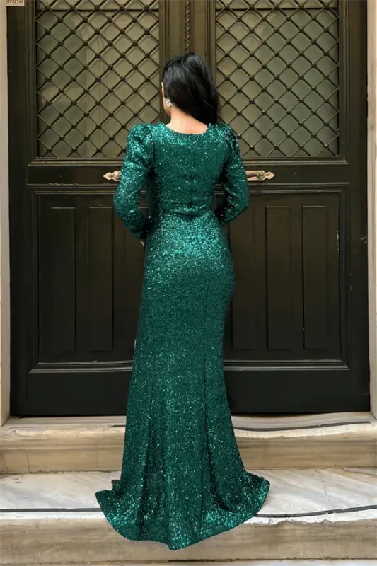 Sequin Fabric Crossover Neck Fishtail Dress - EMERALD GREEN - 5