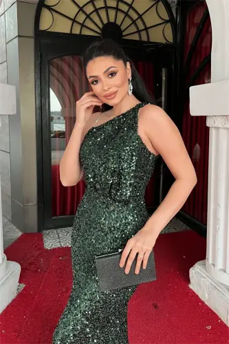 Sequin Fabric Design Fishtail Dress - EMERALD GREEN - 3