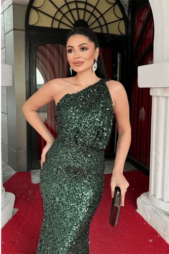 Sequin Fabric Design Fishtail Dress - EMERALD GREEN - 4