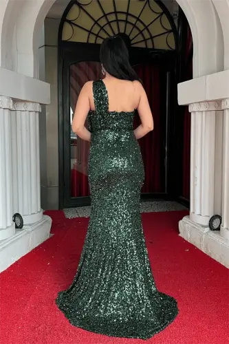 Sequin Fabric Design Fishtail Dress - EMERALD GREEN - 5