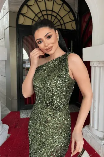 Sequin Fabric Design Fishtail Dress - KHAKI GREEN - 3