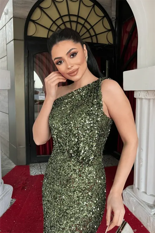 Sequin Fabric Design Fishtail Dress - KHAKI GREEN - 3