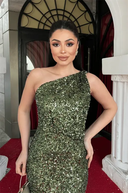 Sequin Fabric Design Fishtail Dress - KHAKI GREEN - 4