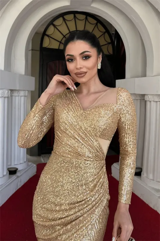Sequin Fabric Design Gathered Detail Dress - GOLD - 3