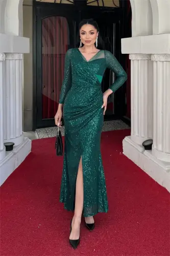 Sequin Fabric Design Ruched Detail Dress - EMERALD GREEN - 1