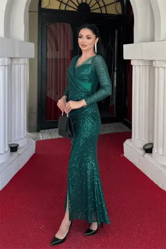 Sequin Fabric Design Ruched Detail Dress - EMERALD GREEN - BÜYÜKBEDENIZ (1)
