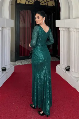 Sequin Fabric Design Ruched Detail Dress - EMERALD GREEN - 5