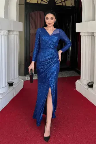 Sequin Fabric Design Ruched Dress - SAPPHIRE BLUE - BÜYÜKBEDENIZ (1)