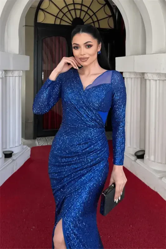 Sequin Fabric Design Ruched Dress - SAPPHIRE BLUE - 4