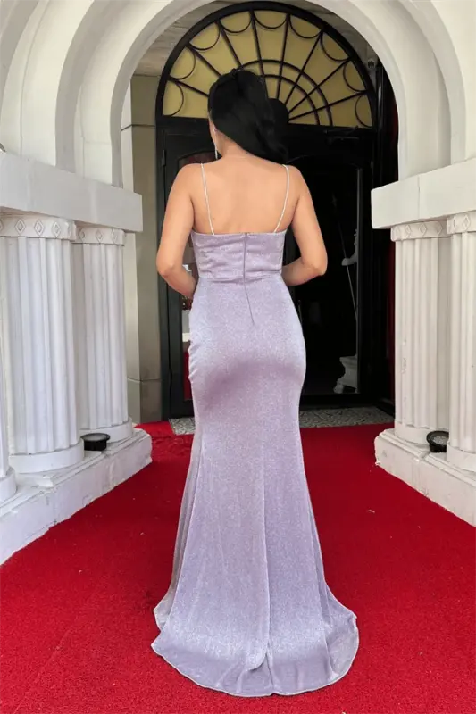 Sequin Fabric Drape Collar Evening Dress - POWDER - 5