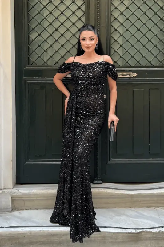 Sequin Fabric Draped Neck Evening Dress - BLACK - 1