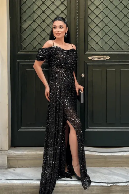 Sequin Fabric Draped Neck Evening Dress - BLACK - 2