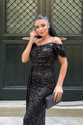 Sequin Fabric Draped Neck Evening Dress - BLACK - 3
