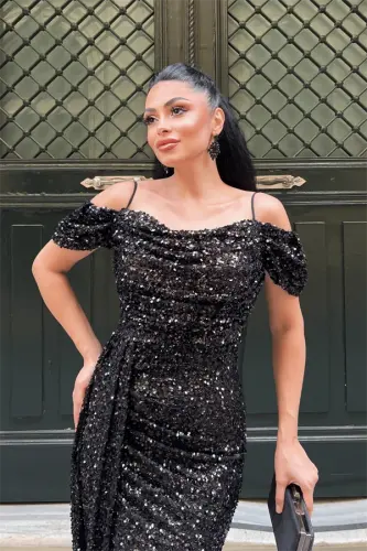 Sequin Fabric Draped Neck Evening Dress - BLACK - 4