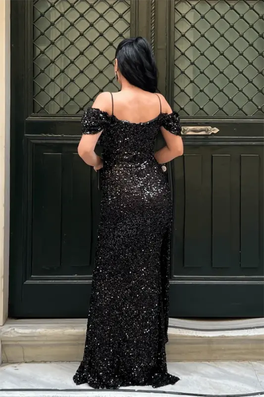 Sequin Fabric Draped Neck Evening Dress - BLACK - 5