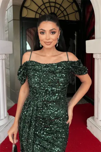 Sequin Fabric Draped Neck Evening Dress - EMERALD GREEN - 3