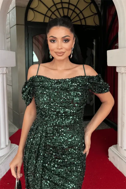 Sequin Fabric Draped Neck Evening Dress - EMERALD GREEN - 3