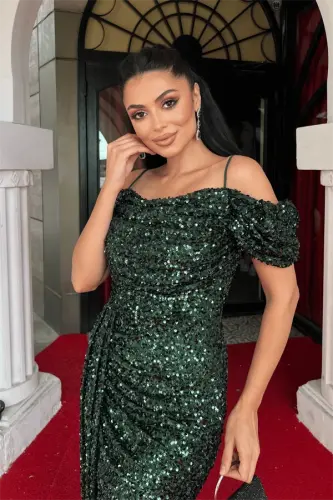 Sequin Fabric Draped Neck Evening Dress - EMERALD GREEN - 4