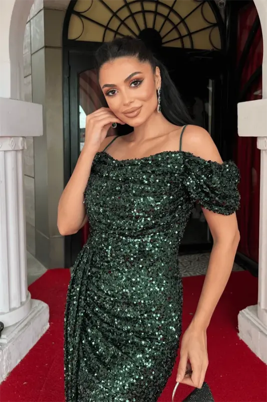 Sequin Fabric Draped Neck Evening Dress - EMERALD GREEN - 4