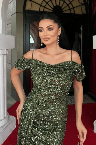 Sequin Fabric Draped Neck Evening Dress - KHAKI GREEN - 3