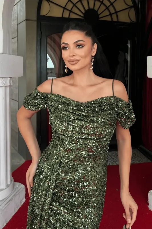 Sequin Fabric Draped Neck Evening Dress - KHAKI GREEN - 3