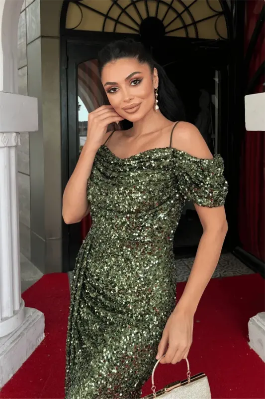 Sequin Fabric Draped Neck Evening Dress - KHAKI GREEN - 4