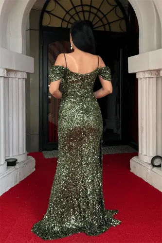 Sequin Fabric Draped Neck Evening Dress - KHAKI GREEN - 5