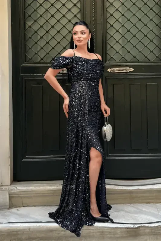 Sequin Fabric Draped Neck Evening Dress - NAVY BLUE - 1