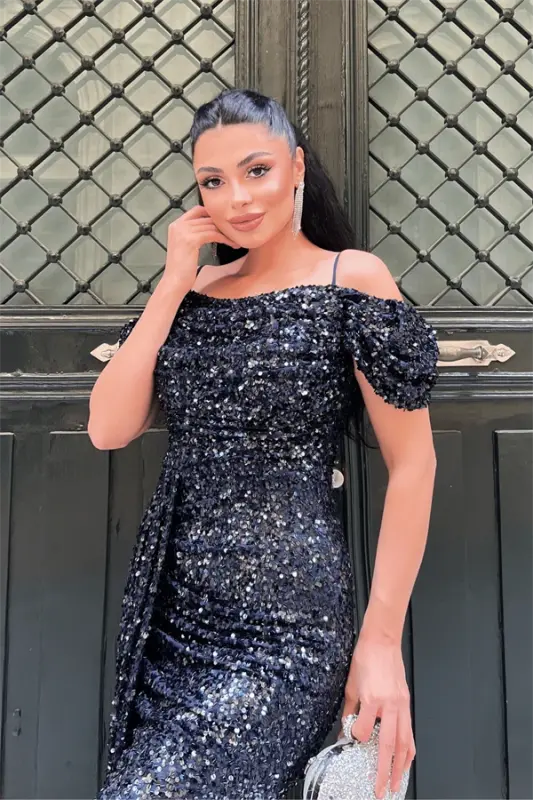 Sequin Fabric Draped Neck Evening Dress - NAVY BLUE - 3