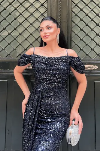 Sequin Fabric Draped Neck Evening Dress - NAVY BLUE - 4