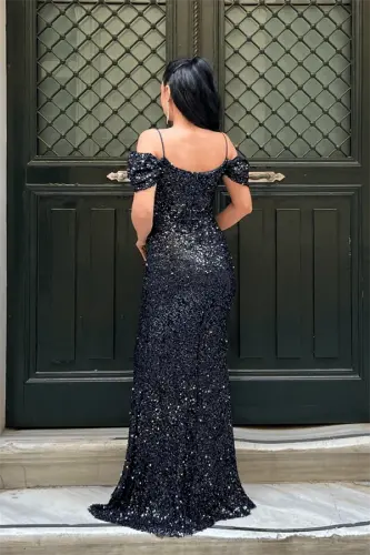 Sequin Fabric Draped Neck Evening Dress - NAVY BLUE - 5