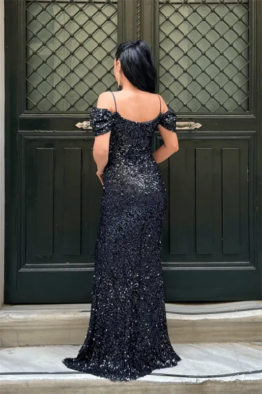 Sequin Fabric Draped Neck Evening Dress - NAVY BLUE - 5