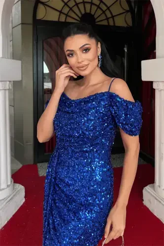 Sequin Fabric Draped Neck Evening Dress - SAPPHIRE - 3