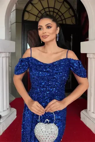 Sequin Fabric Draped Neck Evening Dress - SAPPHIRE - 4