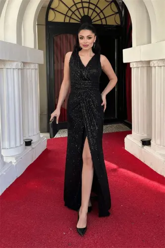 Sequin Fabric Fish Evening Dress - BLACK - 1