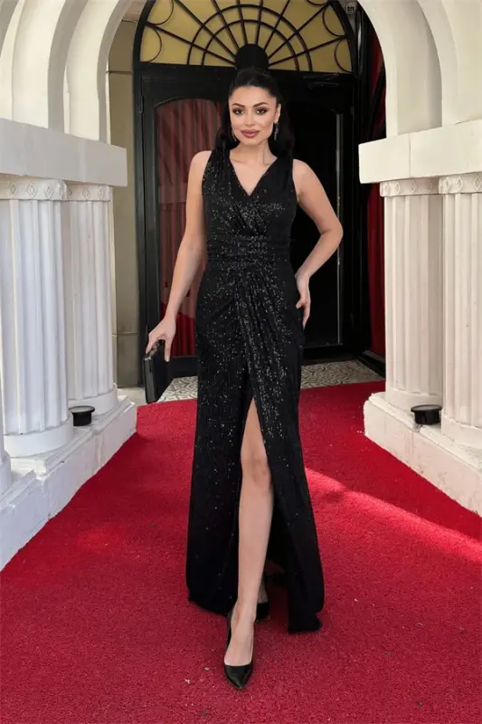 Sequin Fabric Fish Evening Dress - BLACK - 1