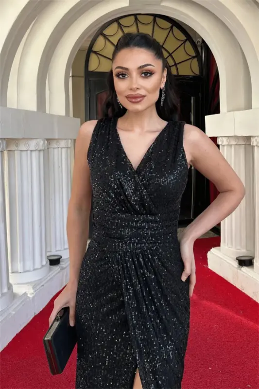 Sequin Fabric Fish Evening Dress - BLACK - 3