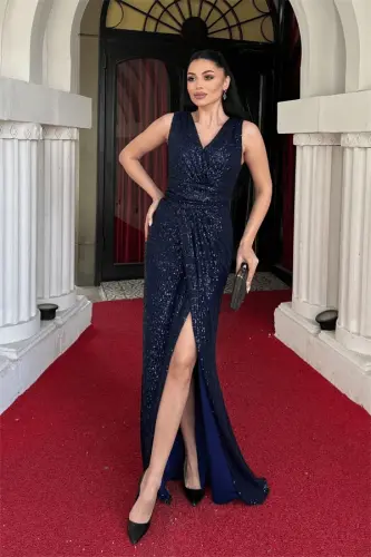 Sequin Fabric Fish Evening Dress - NAVY BLUE - 1