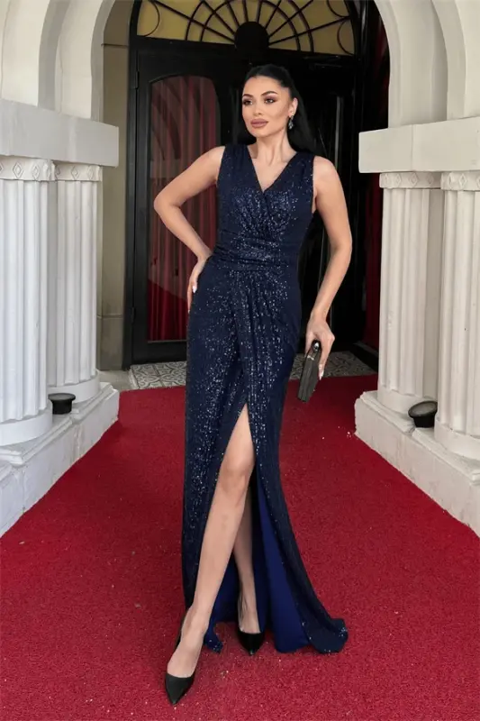 Sequin Fabric Fish Evening Dress - NAVY BLUE - 1