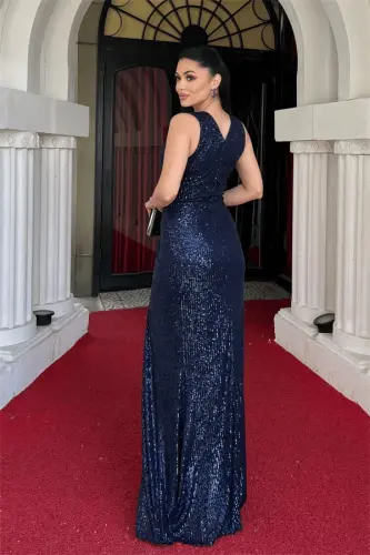 Sequin Fabric Fish Evening Dress - NAVY BLUE - 5