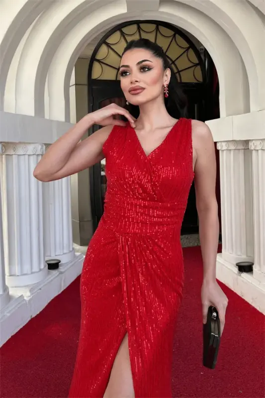 Sequin Fabric Fishtail Evening Dress - RED - 4