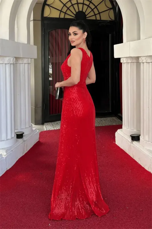 Sequin Fabric Fishtail Evening Dress - RED - 5