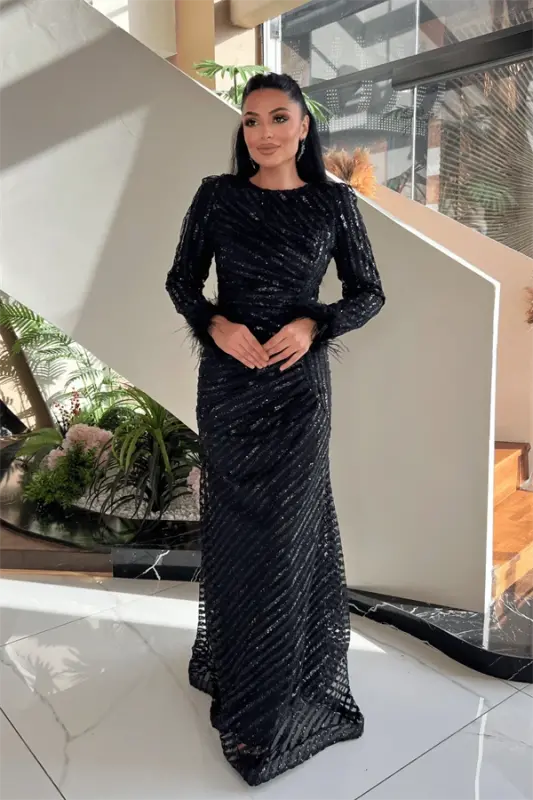 Sequin Fabric Hijab Evening Dress - BLACK - BÜYÜKBEDENIZ