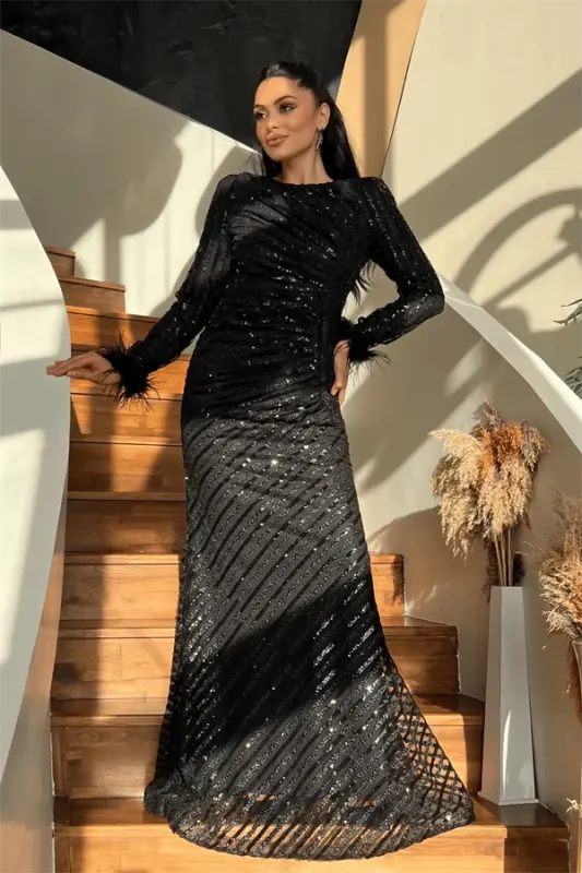 Sequin Fabric Hijab Evening Dress - BLACK - 2