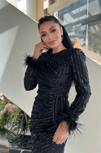 Sequin Fabric Hijab Evening Dress - BLACK - 3