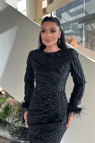 Sequin Fabric Hijab Evening Dress - BLACK - 4