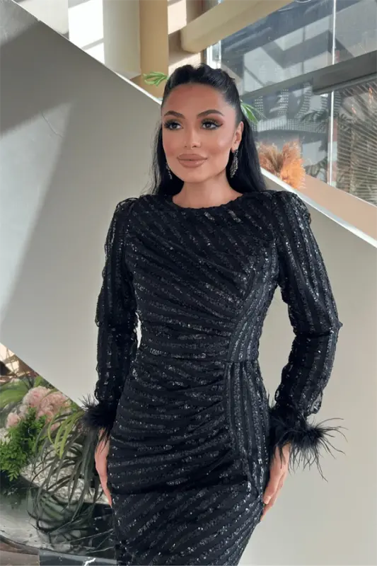 Sequin Fabric Hijab Evening Dress - BLACK - 4